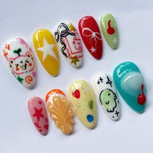 Cartoon Nails, Kawaii Nails, Pastel Nails, Unique Nails, Character Nails, Handmade Nails, Custom Nails, Fantasy Nails, Colorful Nails, Star Nails, 3D Charm Nails, Cute Nails, Artistic Nails, Cartoon Nails