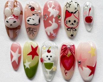 Hand-painted Cartoon Press On Nails, Almond Nail Set with Miffy, Cartoon Nail, Cute Nail, Funny Nail, Bunny Nails, Kawaii Nail, Fantasy Nail