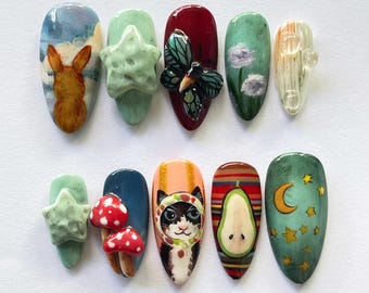 Whimsical Hand Painted Press On Nails, Cottagecore Cat, Deer, Mushroom & Star Nail Art, Unique Handmade Nature Nails, Cute Designer Nail Set