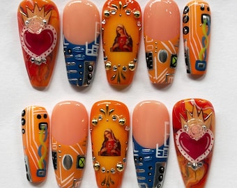 Handmade Press On Nails, Sacred Heart & Virgin Mary Nail Art, Colorful Religious Nails, Catholic Fake Acrylic Nails, Custom Angel Nail Set.