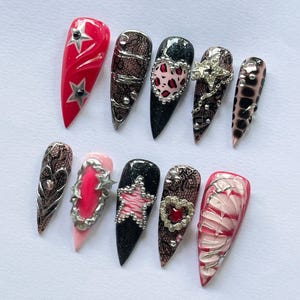 Glam Rock Y2K Press On Nails with Stars & Hearts, Pink Black Coquette Nails, Handmade 3D Chrome Nail Set, Long Luxury Press Ons Gift for Her image 3
