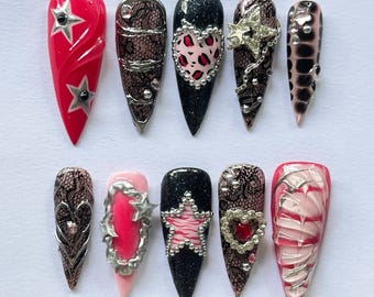 Glam Rock Y2K Press On Nails with Stars & Hearts, Pink Black Coquette Nails, Handmade 3D Chrome Nail Set, Long Luxury Press Ons Gift for Her