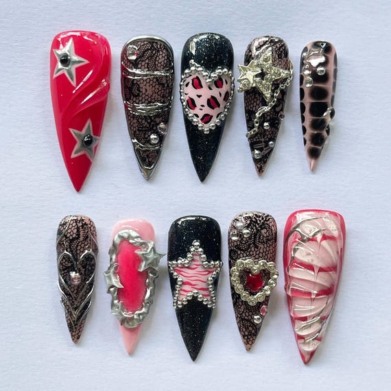 Glam Rock Y2K Press On Nails with Stars & Hearts, Pink Black Coquette Nails, Handmade 3D Chrome Nail Set, Long Luxury Press Ons Gift for Her