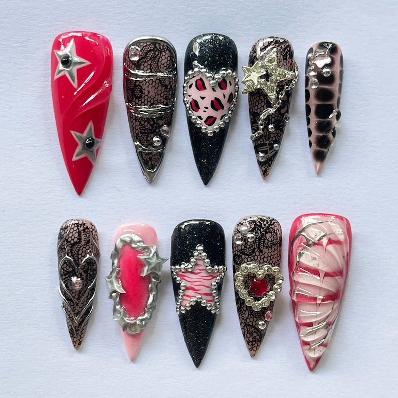 Glam Rock Y2K Press On Nails with Stars & Hearts, Pink Black Coquette Nails, Handmade 3D Chrome Nail Set, Long Luxury Press Ons Gift for Her image 1