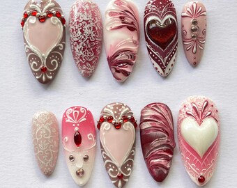 Uñas postizas de lujo con diseño romántico de corazón rosa y rojo, set de regalo de San Valentín hecho a mano.
