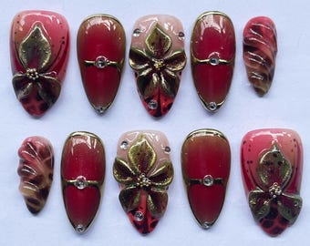 3D Flower Press On Nails, Burgundy Gold Floral Fake Nails, Custom Reusable Nail Art Set, Autumn Almond Nail Set, Elegant Handmade Gift.