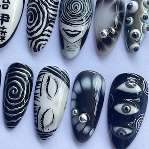 Halloween Press On, Horror Nail Art, Uzumaki Nails, Creepy Fake Nails, Scary Nail Design, Black White Nails, Gothic Press On, Handmade Nails, Anime Nail Art, Spooky Nail Set, Dark Anime Nails, Weird Nail Design, Horror Theme Nails, Cosplay Nails, Clown Nail Set, Holiday Nails, Party Nails