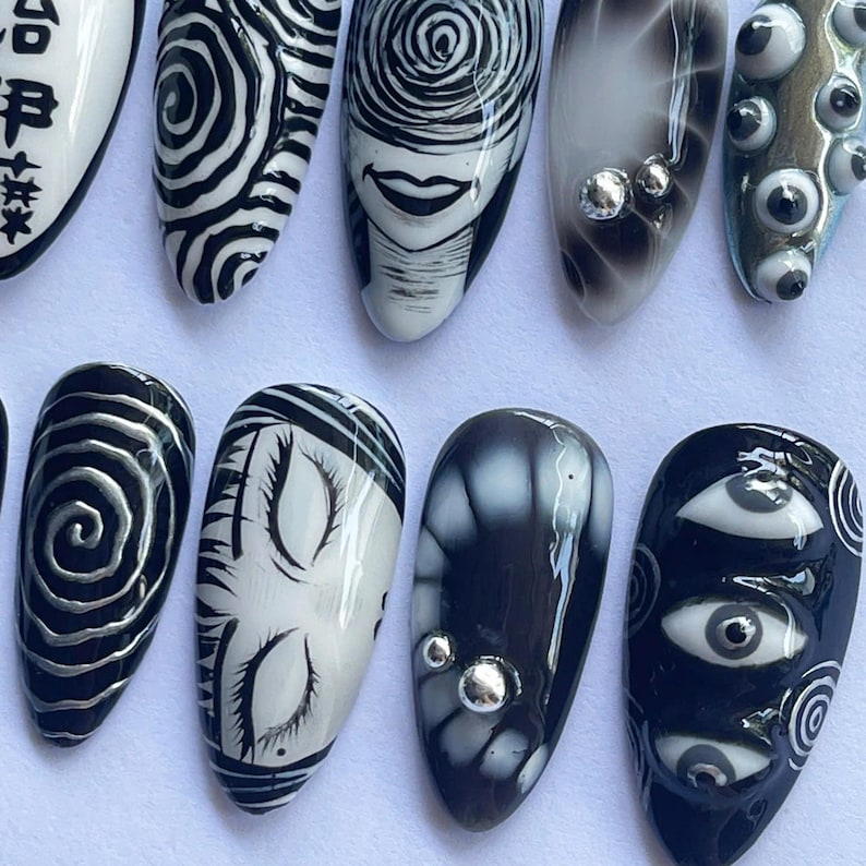 Halloween Press On, Horror Nail Art, Uzumaki Nails, Creepy Fake Nails, Scary Nail Design, Black White Nails, Gothic Press On, Handmade Nails, Anime Nail Art, Spooky Nail Set, Dark Anime Nails, Weird Nail Design, Horror Theme Nails, Cosplay Nails, Clown Nail Set, Holiday Nails, Party Nails