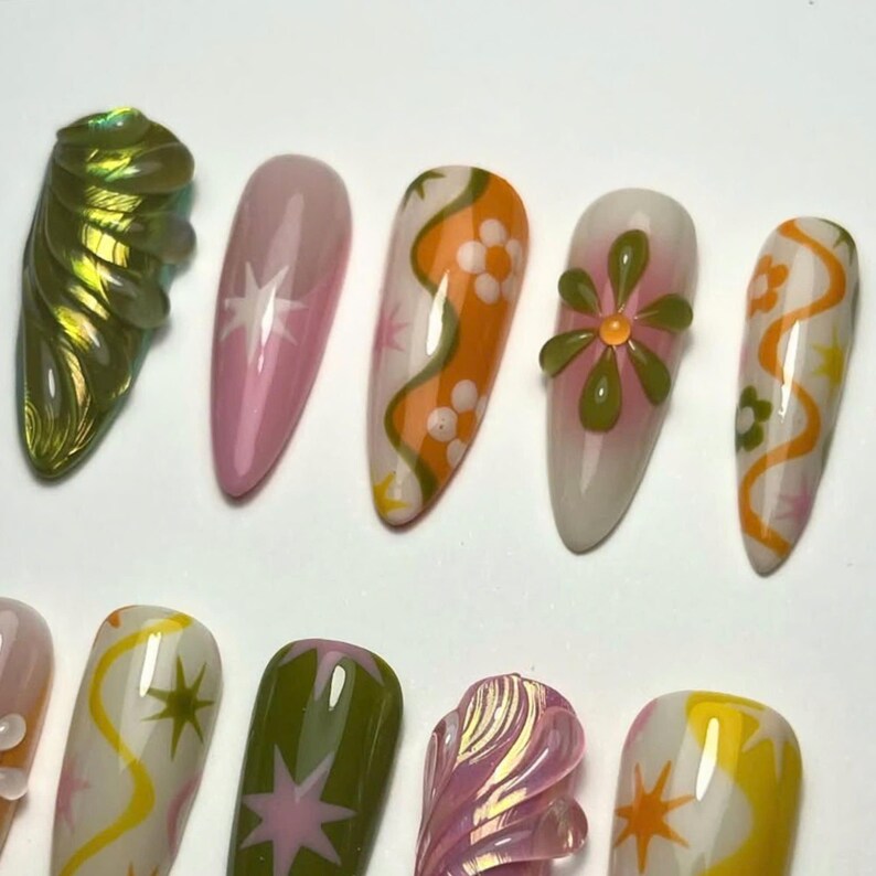 free style nails, butterfly nails, fairycore nails, fairy tail, dreamy nails, wedding nails, long almond nail, press on nails, acrylic press on, 3d gel nail, holiday nails, flower nails, spring nails