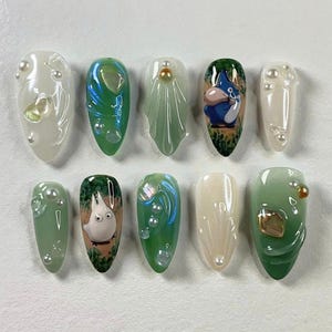 Juego de uñas inspirado en los Moomin, uñas postizas de Mi Vecino Peludo, uñas de Ghibli, uñas de Totoro, diseños de anime de moda, uñas de fantasía
