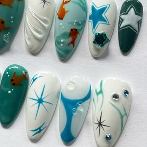 press on nails, nail polish, acrylic nail, unique design nail, fake nails, summer nails, koi nails, y2k nails, 3d gel nails, trendy nails, handmade, nail art