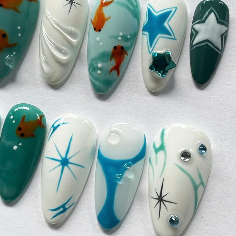 press on nails, nail polish, acrylic nail, unique design nail, fake nails, summer nails, koi nails, y2k nails, 3d gel nails, trendy nails, handmade, nail art
