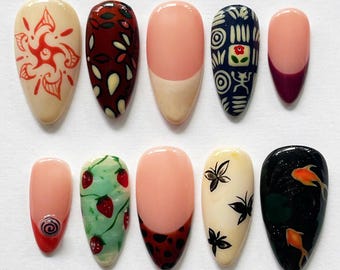Whimiscal Koi Pond Press On Nails, Long Almond Nail with Fish, Flower, Funny Nails, Summer Nails, Asian Nails, Chinese Nail, Tea Party Nails
