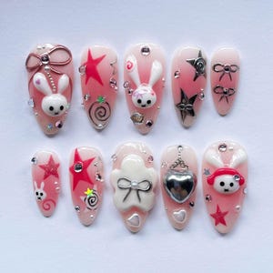 Celebrate Valentine’s Day Press On Nails with pink nails adorned with Miffy, Heart & Bows, Cute Nails, Romantic Nails, Perfect Gift for Love