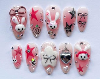 Celebrate Valentine’s Day Press On Nails with pink nails adorned with Miffy, Heart & Bows, Cute Nails, Romantic Nails, Perfect Gift for Love