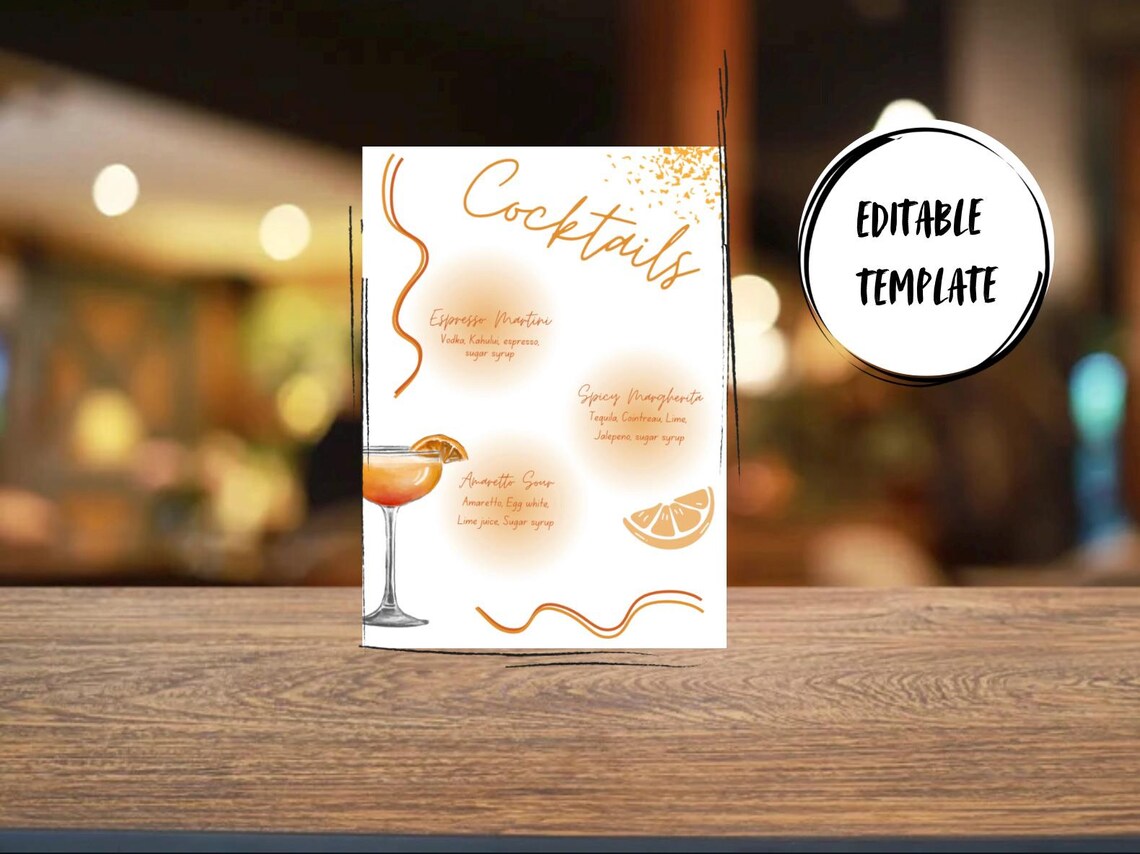 Drink Menu, Wedding, Printable, Editable, Customizable, Party, Template ...