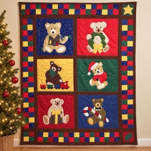 May include: A rectangular quilt featuring six square panels with teddy bear illustrations, bordered by a colorful checkered pattern. The bears are depicted with holiday items like a wreath, a train, a Santa hat, a gift, and a candy cane.
