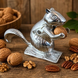 May include: A silver-colored metal nutcracker shaped like a squirrel, featuring a detailed tail and body, holding a whole walnut in its front paws. The nutcracker is positioned on a flat base, with several whole walnuts and walnut pieces scattered nearby.