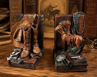 FIGI Western Cowboy Horse Bookends Resin Bronze Look Rustic Ranch Decor Pair 98