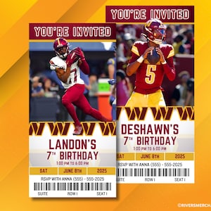 May include: A printable football ticket invitation for a 7th birthday party. The invitation features a football player in a red and gold uniform with the number 5 on the front. The text on the invitation reads "You're Invited" and "Deshawn's 7th Birthday".