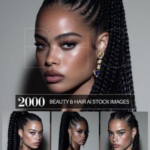 May include: A woman with dark skin and long, braided hair in a high ponytail. She wears gold earrings with blue details. The image includes the text "2000 BEAUTY & HAIR AI STOCK IMAGES".