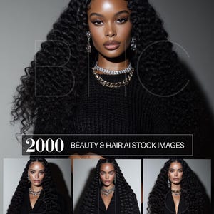 May include: A woman with long, dark, curly hair, wearing a black sweater and jewelry. The image includes the text "2000 BEAUTY & HAIR AI STOCK IMAGES" in a white rectangular box. The woman is wearing a necklace and earrings.