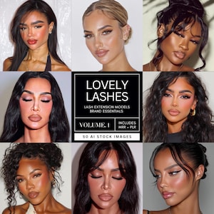May include: A collage of nine images showcasing women with diverse hairstyles and makeup. The central image features the text "LOVELY LASHES" and "LASH EXTENSION MODELS BRAND ESSENTIALS VOLUME. 1". The images are likely for lash extension models.