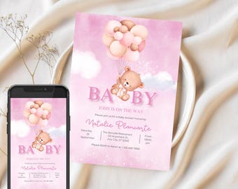 Editable Baby Pink Bear Baby Shower | Baby Shower Invitation | Invitation Template | Baby Girl Baby Shower | Digital Invitation | 010