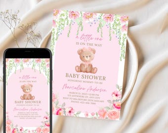 May include: Pink and green floral baby shower invitation with a teddy bear wearing a pink bow. The invitation says "a little one is on the way" and includes the date, time, and location of the shower.