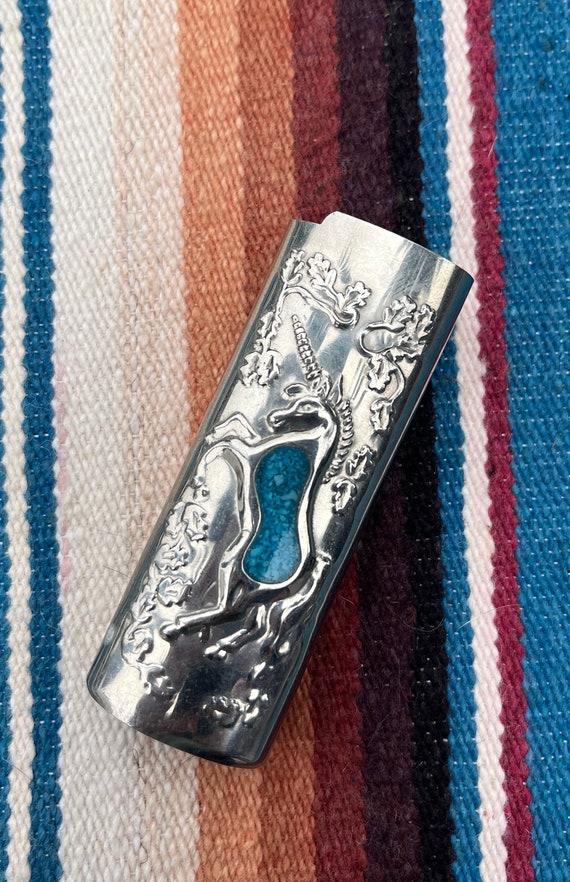 Vintage Sterling Silver Turquoise Full Size BIC Lighter Case -  Denmark