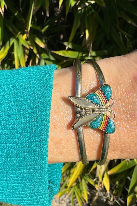 Vintage Rainbow Butterfly Sterling Silver Cuff Br… - image 1