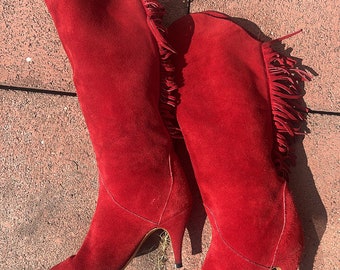Fringe Red Suede Boots ~ Women Size 5