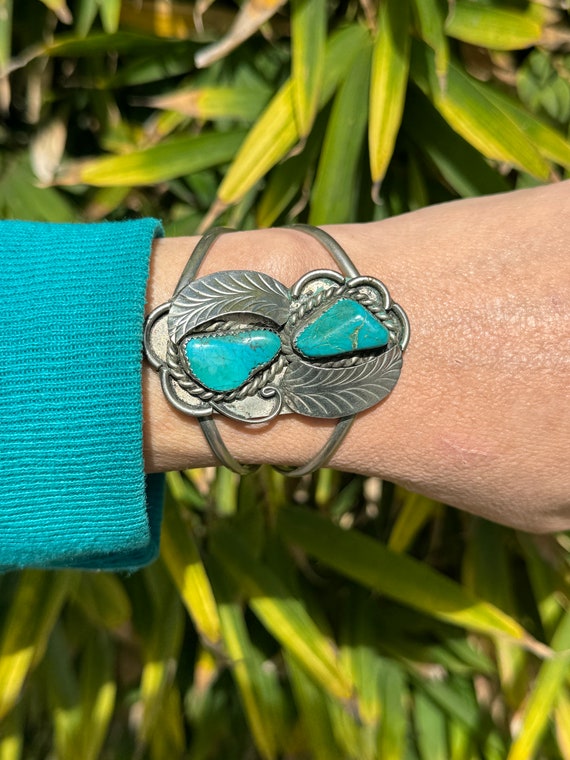 Vintage Two Feathers Turquoise Cuff