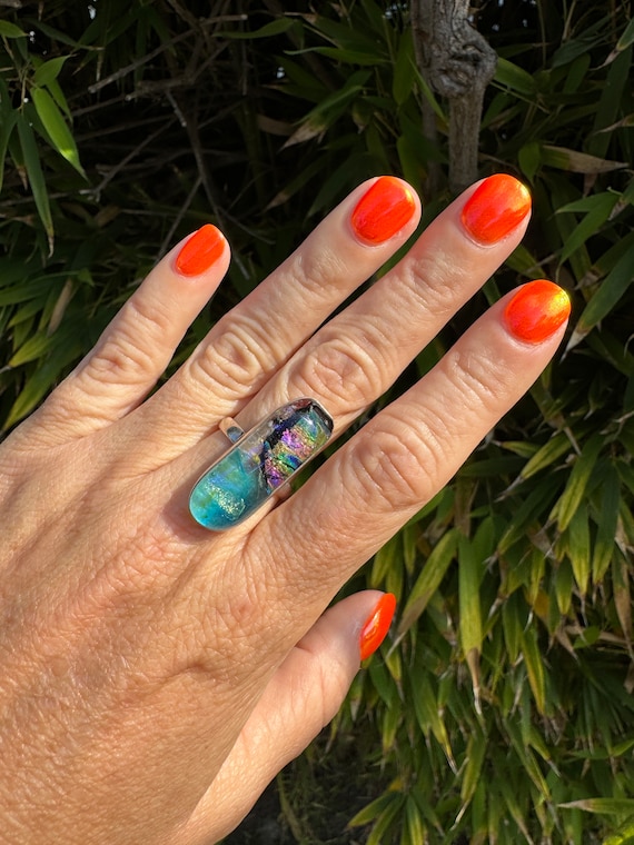 Vintage Dichroic Glass Feather Ring