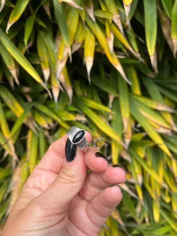 Vintage Silver Stamped Designed Onyx Ring - image 1