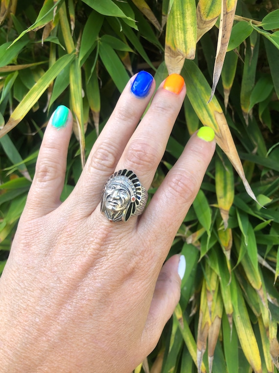 Indian Chief Headdress Jet Coral Ring - image 1