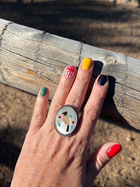 Zuni Sterling Silver Inlaid Bird Ring - image 4