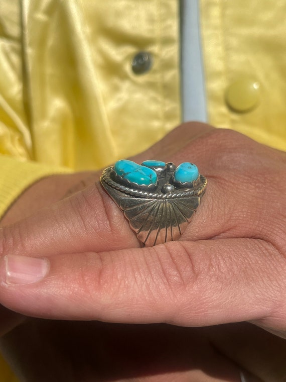 Navajo Three Stone Turquoise Ring- Size 8.75 - image 4