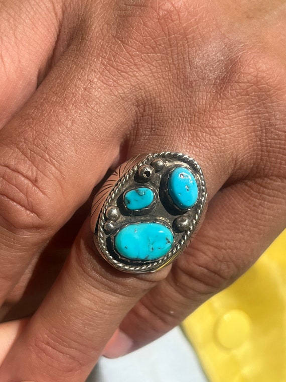 Navajo Three Stone Turquoise Ring- Size 8.75 - image 2