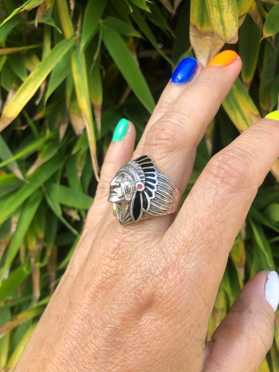 Indian Chief Headdress Jet Coral Ring - image 2