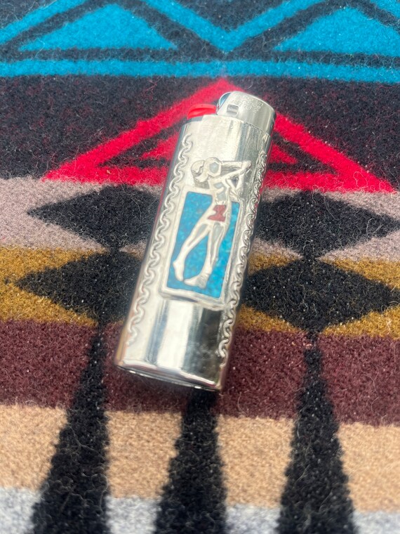 Vintage Bic Lighter Case Turquoise And Mother Of Pearl Design for