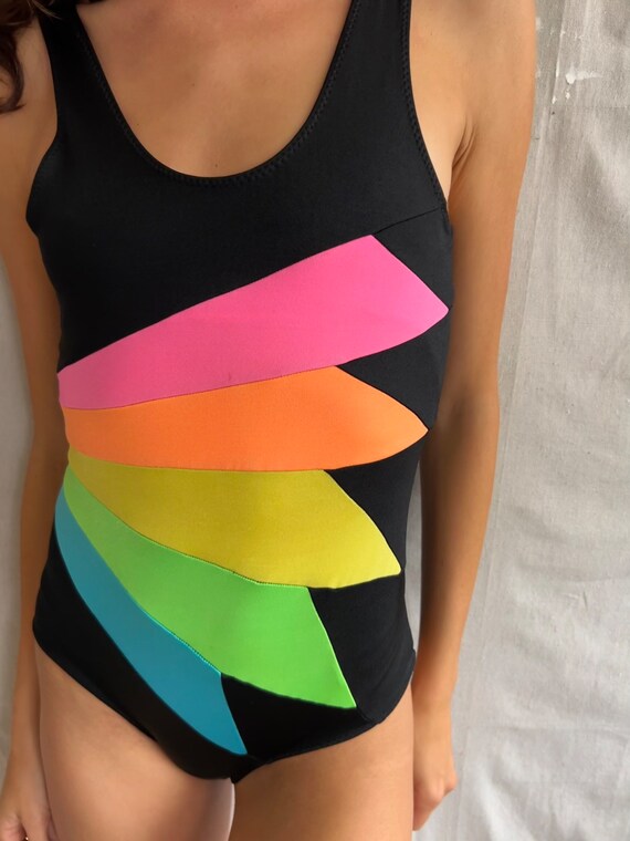 Vintage Neon Rainbow One Piece Bathing Suit - image 1