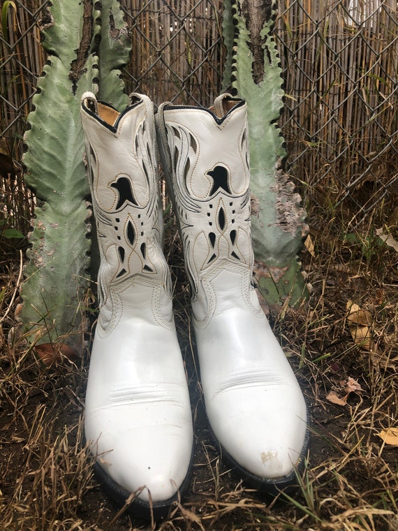 Vintage Acme White Thunderbird Cutout Cowboy Boots