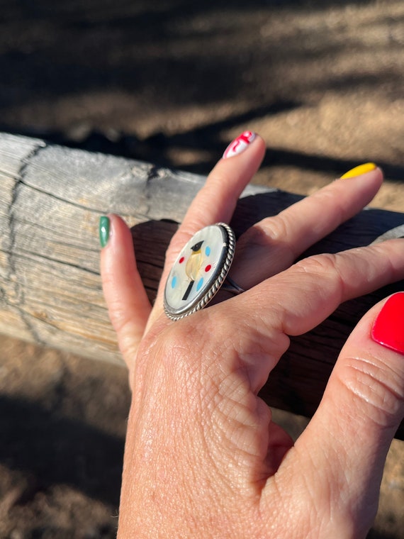 Zuni Sterling Silver Inlaid Bird Ring - image 3