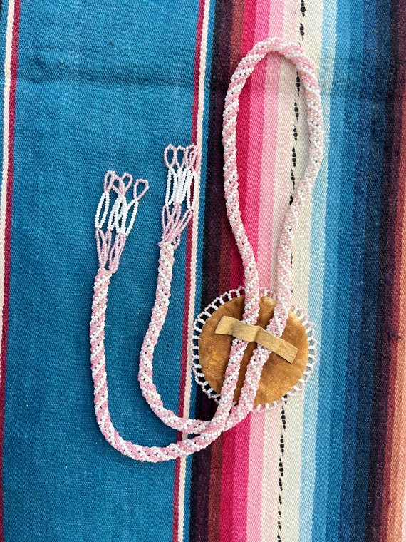 Navajo Hand Beaded Eagle Round Bolo Tie Necklace - image 3