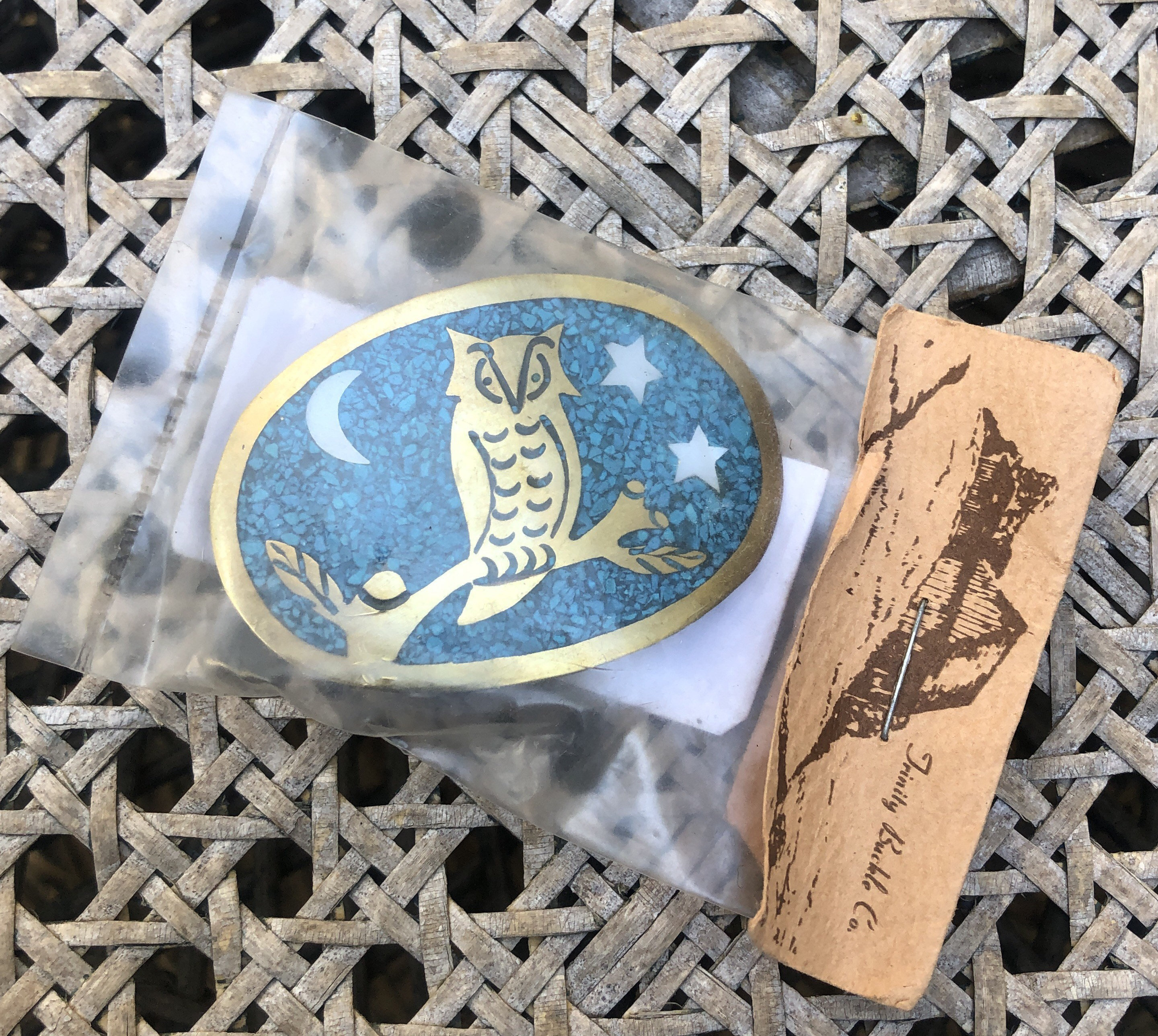 Vintage 1970s Trinity Buckle Co Round Owl Turquoise Moon  display picture 1