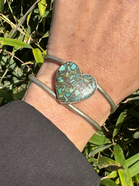 Vintage Heart Crushed Turquoise Cuff Bracelet
