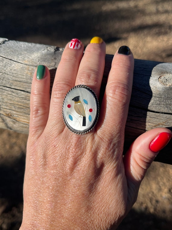 Zuni Sterling Silver Inlaid Bird Ring - image 1