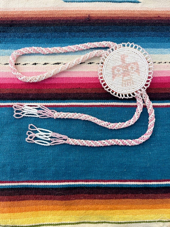 Navajo Hand Beaded Eagle Round Bolo Tie Necklace - image 1