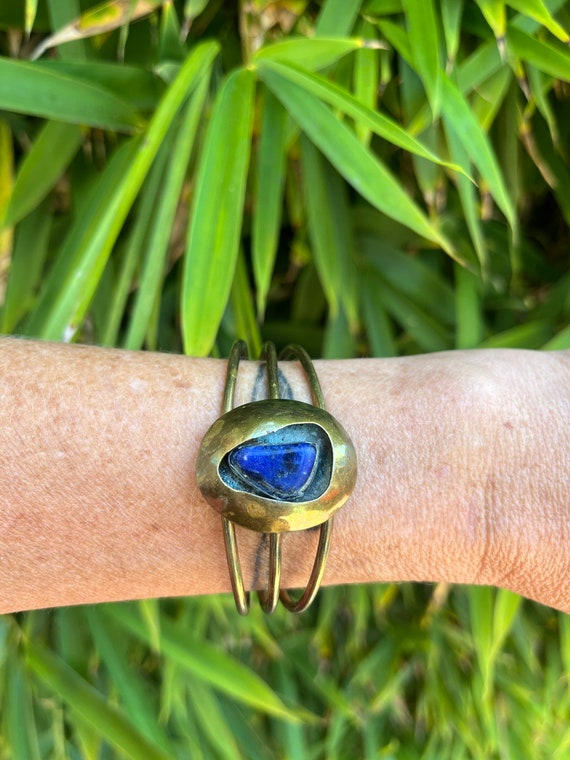 Vintage Lapis Shadowbox Brass Cuff Bracelet